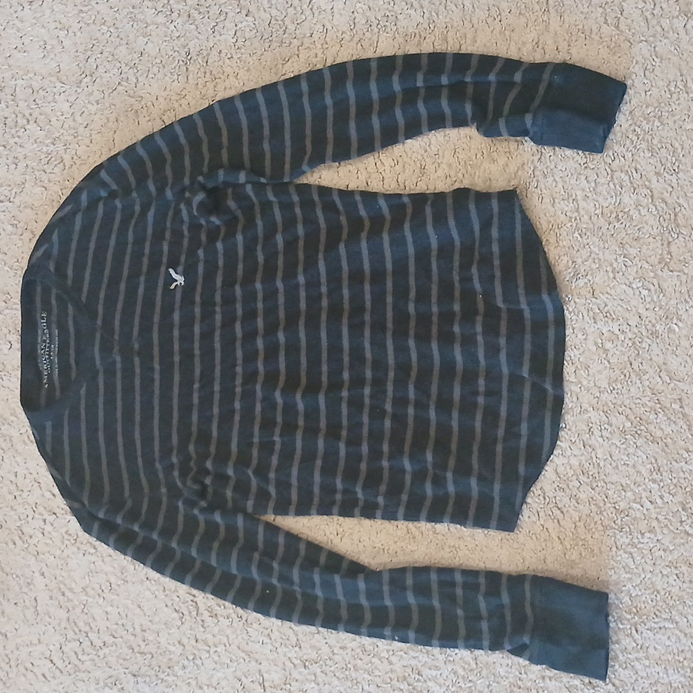 Mens Black Gray Striped American Eagle Long Sleeve Shirt Size S